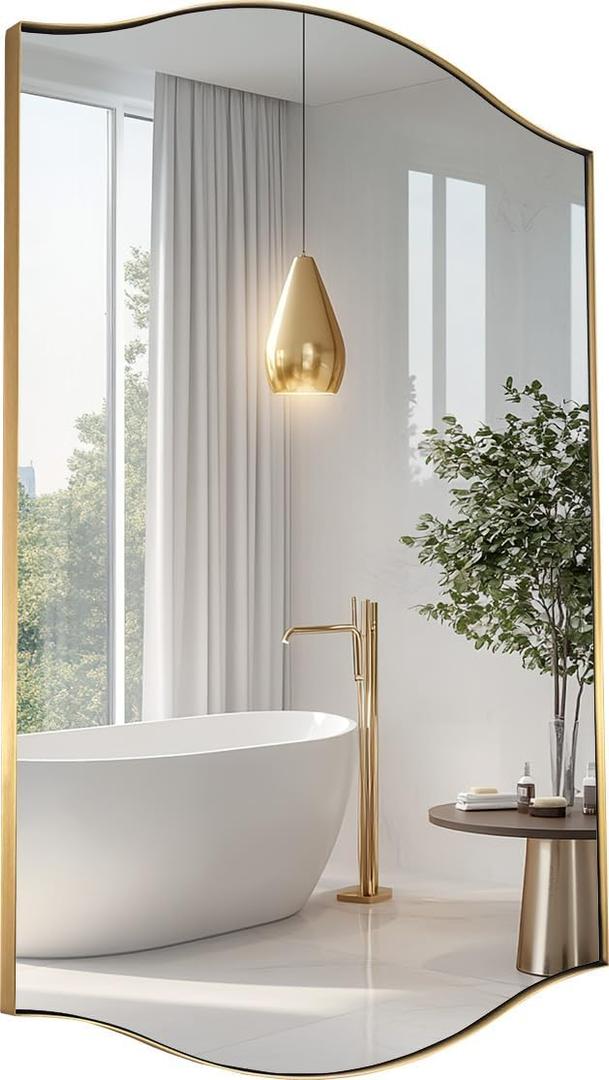 ANDY STAR Gold Bathroom Mirror, 24"x36" Brushed Brass Scalloped Wall Mirror in Stainless Steel Metal Frame, Unique Vanity Mirror with Modern Curved Edge Design, Ideal for Bathroom, Bedroom, Entryway