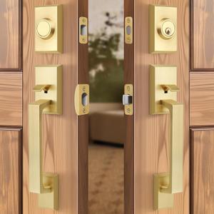 Brushed Gold Double Front Door Lock Set, Keyed Entry Front Door Handleset with Dummy, Square Heavy Duty Door Lever and Single Cylinder Deadbolt Combo, Satin Brass