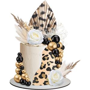 51 Pcs Boho Cheetah Cake Toppers Palm Leaves Flowers Cake Decorations Mini Balls Cupcake Dried Reed Grass Decor for Boho Home Wedding Baby Shower Baby Boy Girl Birthday Themed Party Supplies