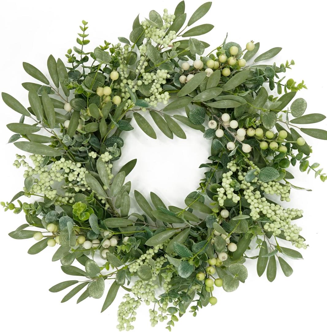 AMF0RESJ Green Eucalyptus Wreaths for Front Door Spring Summer Wreath with Eucalyptus Leaves,Olives Leaves,Mixed Berry for Indoor Outdoor Farmhouse Home Porch Wall Window Festival Wedding Decor