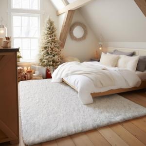 Ophanie Upgraded White Rugs for Bedroom Fluffy, Shaggy Bedside Floor Dorm Area Rug, 3x5 Feet Soft Fuzzy Non-Slip Indoor Room Carpet for Kids Boys Girls Teen Home Decor Aesthetic, Nursery