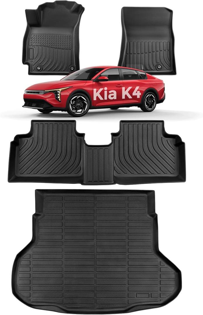for KIA K4 2025 2026 (Not Fit for Hatchback) Floor Mats Cargo Liner LX LXS EX GT-line Turbo All Weather Season Car Interior Soft Rubber Trunk Carpet Automotive Accessories Black 4PCS