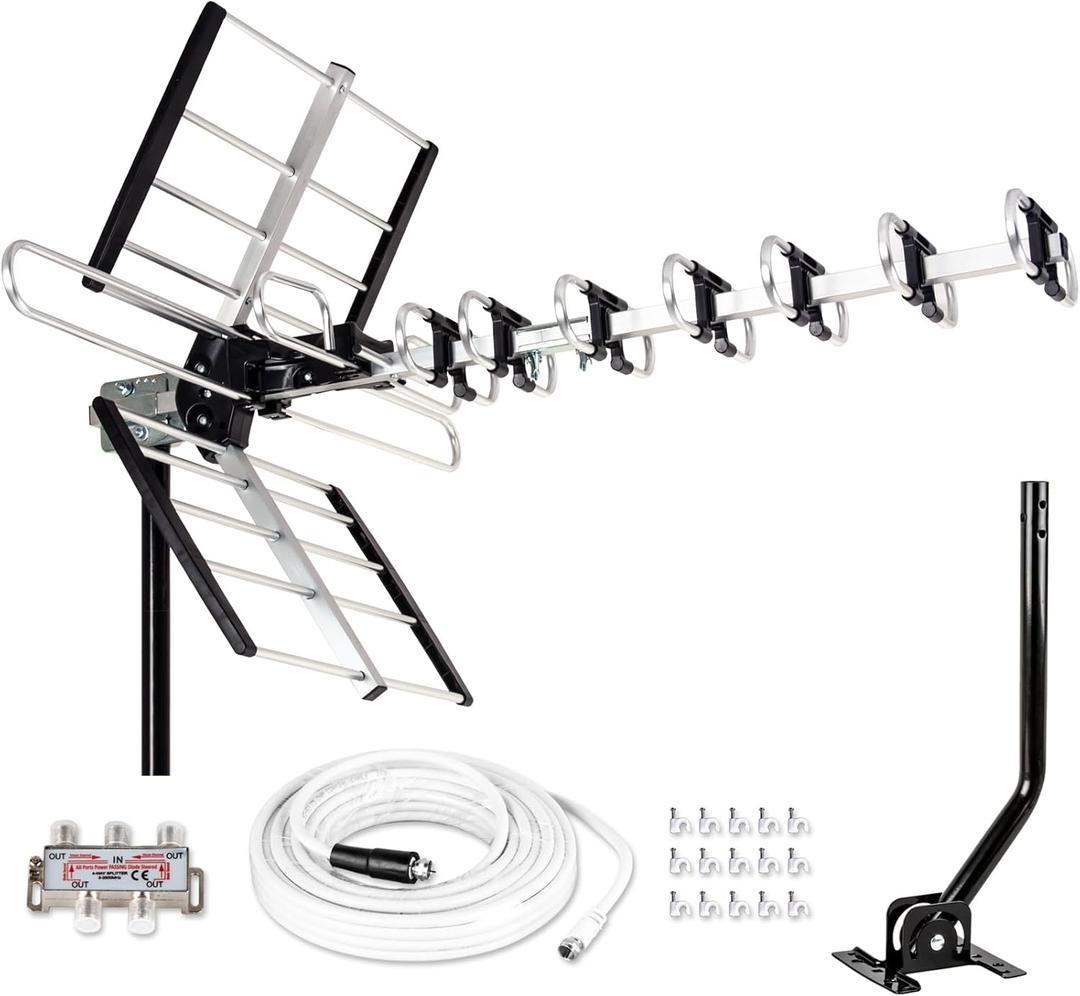 Five Star Outdoor HDTV Antenna up to 200 Mile Long Range, Attic or Roof Mount TV Antenna, Long Range Digital OTA Antenna for 4K 1080P VHF UHF Supports 4 TVs Installation Kit & J Mount