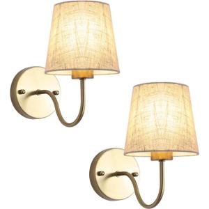 LASENCHOO Gold Wall Sconces Set of Two, Modern Sconces Wall Lighting Vintage Wall Light Fixtures with Fabric Lampshade, Bedside Wall Lamps for Bedroom Living Room Hallway Entryway (2 Pack-Gold-Hardwired-E26)