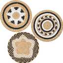 Glenmal 3 Pcs Boho Wall Basket Decor Decorative Bulrush Woven Basket Wall Decor Art Farmhouse Handmade Hanging Baskets with African Design for Living Room Display Table Settings Kitchen Home (Vivid)
