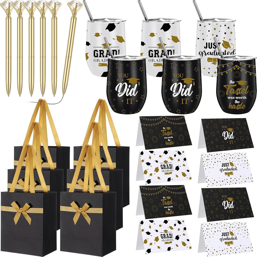 Patelai 24 Pcs 2026 Graduation Gift Set for Men Women 12oz Stainless Steel Tumbler Mug Cups with Lid and Straw Pens and Card Set with Gift Bags for High School College Male Graduates