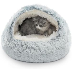 CATISM Cozy Cat Pod - Plush Hooded Cat Bed Cave, Self Warming, Removable Washable with Non-Slip Bottom (21.0"L x 21.0"W x 15.0"Th, gray)