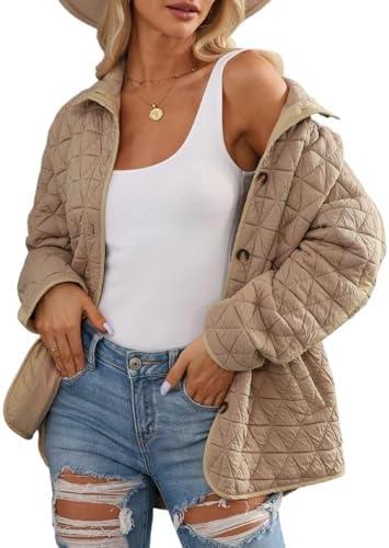 EVALESS Women's Lightweight Diamond Quilted Jacket Casual Winter Open Front Button Down Puffer Coat Outwear Cardigan, XL