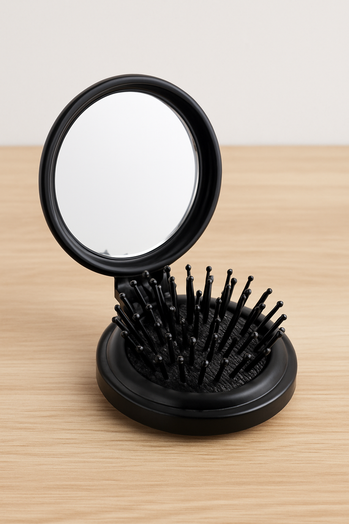 Folding Travel Mirror Hair Brushes Round Mirror Pocket Hair Brush Portable Mini Pop Up Hair Brushes for Women Girls Wet and Dry Hair (Black)