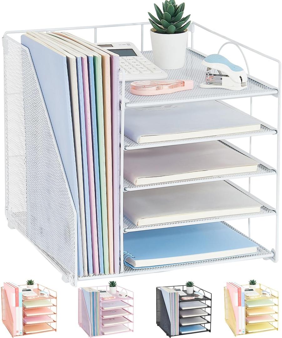 Desk Organizers and Accessories, 5-Tier Paper Letter Tray Organizer with File Holder, Desktop Organizer for Office Supplies, Office Desk Accessories & Workspace (White) (12" x 12" x 12")