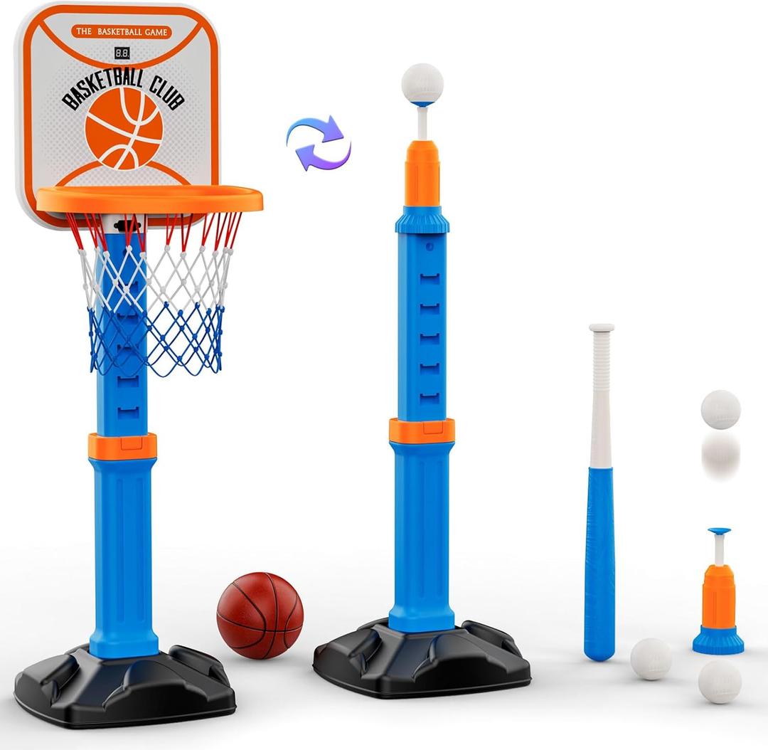 2 in 1 Toddler Basketball Hoop and T Ball Set with Automatic Pitching Machine - Adjustable Height, Kids Basketball Hoop Suit for Indoor Outdoor Sport Toys Gifts for Toddler Boys Girls Age 2-8 (Blue)