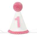 BAOBAOJOY Girls' First Birthday Cone Hat–Glitter White with Pink Pom Topper, Perfect for Cake Smash & Baby's 1st Birthday Photos, Perfect Party Decoration(1Glitter White)
