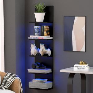 5 Tier Wall Shelf with RGB Light, Modern Wall Mount Lack Shelf, Vertical Column Shelf Floating Storage Home Decor Organizer Tall Tower Design Utility Shelf, Black