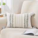 decorUhome Summer Decorative Boho Throw Pillow Cover 12x20, Lumbar Accent Neutral Textured Tufted Pillow Cover Striped for Couch Bed Sofa, Light Grey and Cream White, Pack of 1