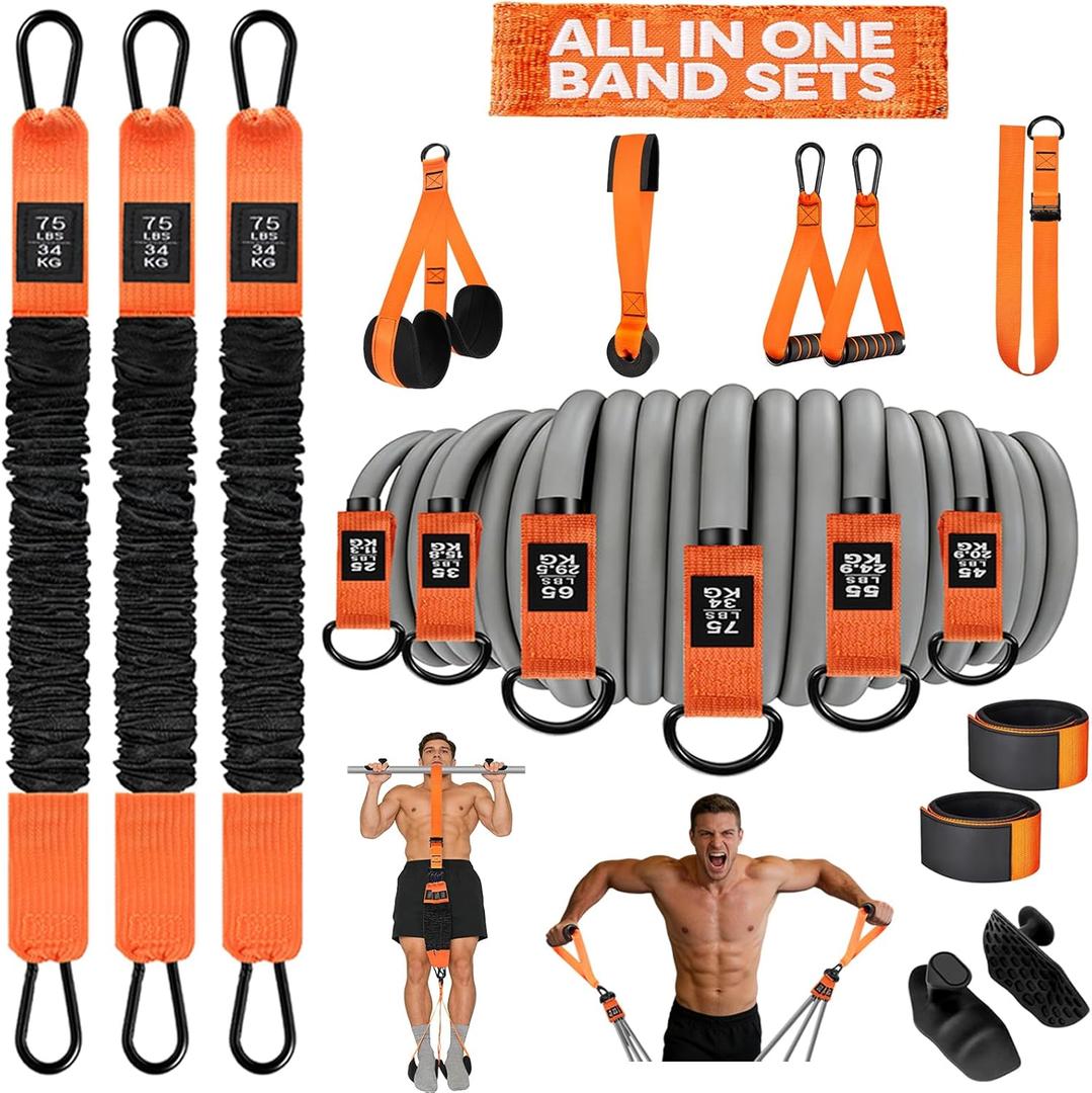 2 in 1 18PCS Heavy Resistance Bands & Assisted Pull Up Bands Combo  300LBS/225LBS with Non-Slip Handles, Ankle Straps, Door Anchor, Adjustable Bands & Foot Pedals for Strength Training