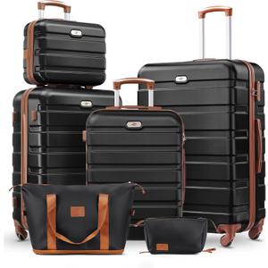 Suitour Luggage Sets 6 Piece, 20-inch Carry-on and 24 inch28 inch Checked Suitcase Set with Cosmetic Case and Travel Duffle Bags Set(Black Tan)
