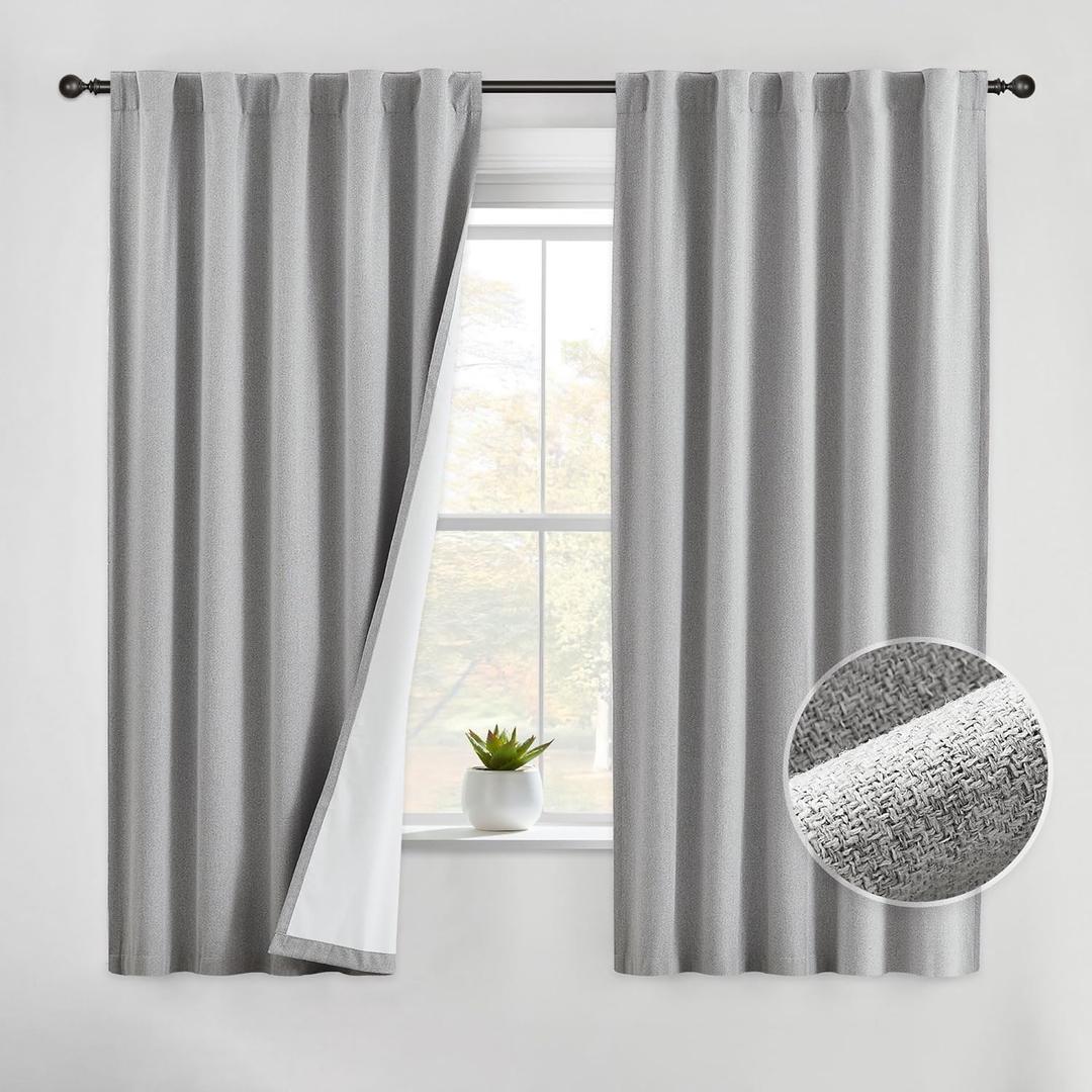 Beauoop Linen 100% Blackout Curtains 63 Inches Long 2 Panels for Bedroom Living Room Grey with White Back Farmhouse Room Darkening Thermal Insulated Back Tab Rod Pocket Window Treatment Drapes, 40X63