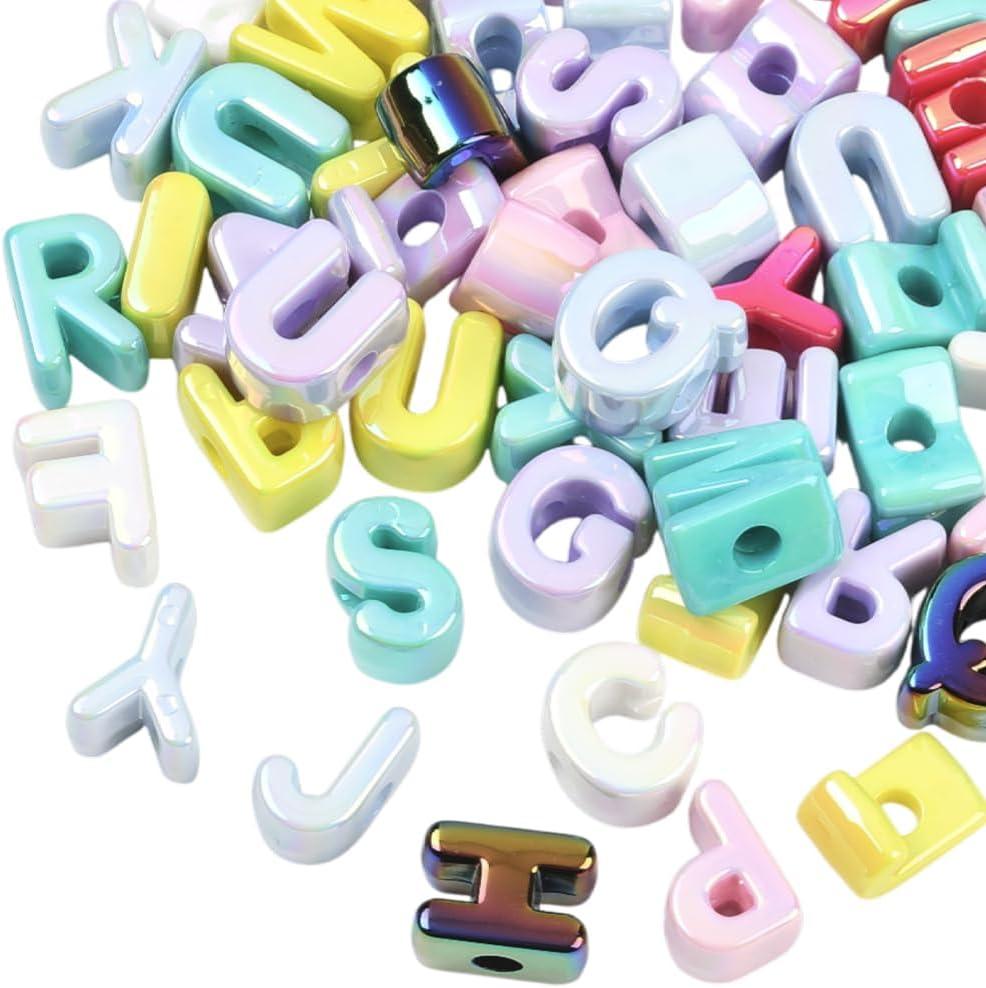 50Pcs Random Acrylic Letter Beads Large Alphabet Bead Bulk Chunky Capital Letters Iridescent UV Plated Initial Loose Spacer for Jewelry Making Keychain Bracelets Earrings Crafts Bag Decor
