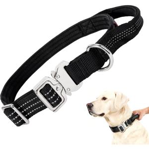 Tactical Dog Collar with Handle, Heavy Duty Nylon Collar With Quick-Release Metal Buckle, Reflective Design, Padded Comfortable Fit, Adjustable 17in-22in for Medium, Large Dogs(L, 1in, Black)