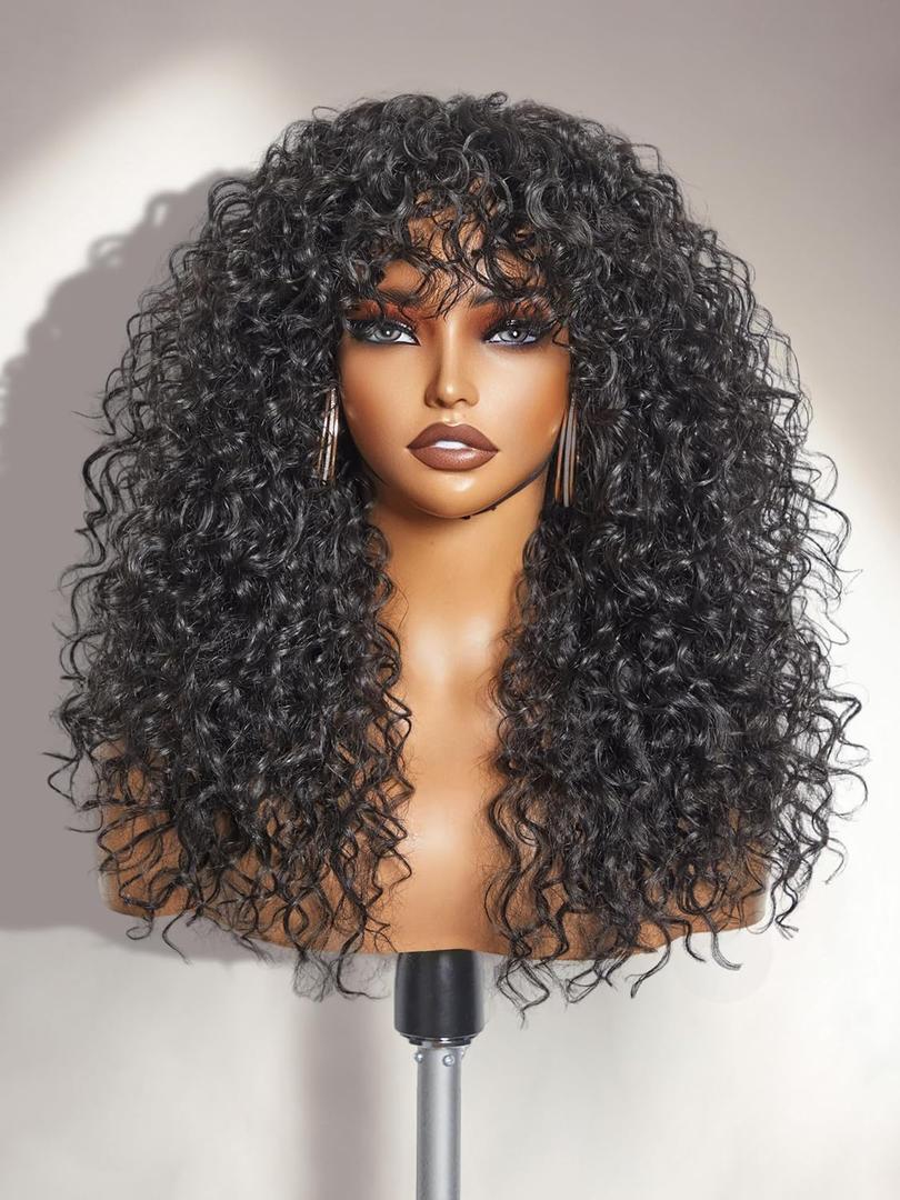 GORGIUS Shaggy Haircuts Natural Black Curly Wigs with Bangs Crafted with Style-Archive Technology: Premium Fiber & Remy Human Hair Blended, Realistic Look with True Scalp