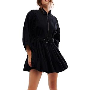 Womens Shirt Dress 3/4 Sleeve Ruffle Mini Dress Half Zipped V Neck Collared A Line Casual Dresses with Pockets Small