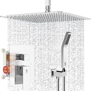 SR SUN RISE 16 Inches Polished Chrome Shower Faucet System Bathroom Luxury Rain Mixer Shower Faucet Set Ceiling Mounted Rainfall Shower Head Set (Contain Shower Faucet Rough-In Valve Body and Trim)