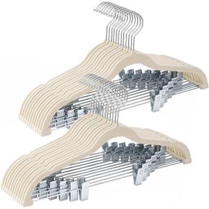 24-Pack Beige Velvet Hangers with Clips Adjustable,Adult Hangers,Heavy-Duty,Felt,Non-Slip,Space Saving,Slim Outfit Hanger for Pants, Skirts, Suits,Coats, Dresses ect.