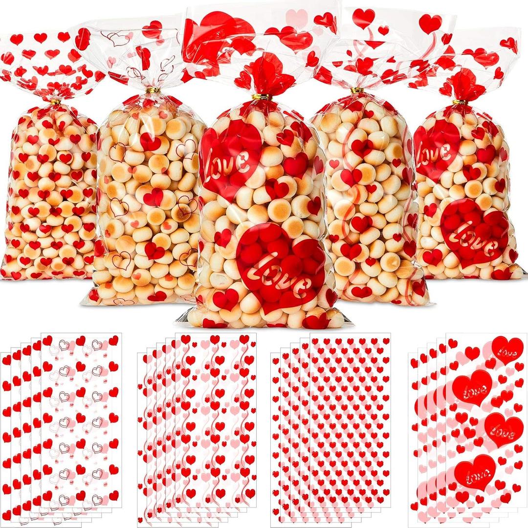 Zonon 200 Pcs Valentines Treat Bags Bulk, 4 Assorted Styles Heart Clear Plastic Valentine's Day Cellophane Bags for Candy Gifts with 200 Pieces Twist Ties for Party Favor Kids Class Holiday Supplies