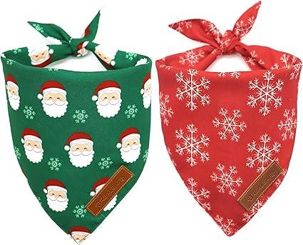 Realeaf Christmas Dog Bandanas Pack of 2 , Snowflake and Santa Claus Dog Scarf for Boy and Girl, Premium Durable Fabric, Holiday Red and Green Bandana for Medium and Large Dogs Cats Pets (Large)