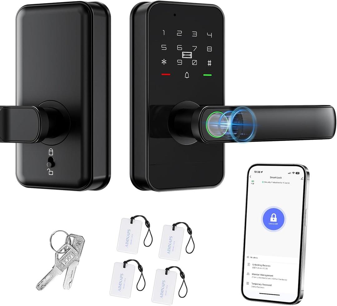 Keyless Entry Door Lock with Handle, Door Locks for Front Door, Auto Lock, WiFi Fingerprint Door Knob with App, Key, Passcode, Digital Smart Code & Front Handle Sets-Black