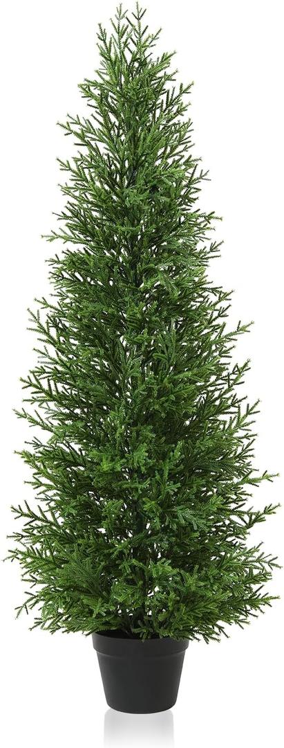 Artificial Cedar Topiary Trees for Outdoor, 4FT Fake Norfolk Pine Plants Set of 1, UV Protection All-Year Green Tree for Christmas, Home Decor Indoor, Porch, Garden, Entryway (4 FT)