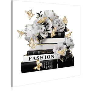 Dream Land Fashion Books Flower Wall Art: Black White Book Stack Picture 12"x12" Glam Gold Foils Butterfly Canvas Prints