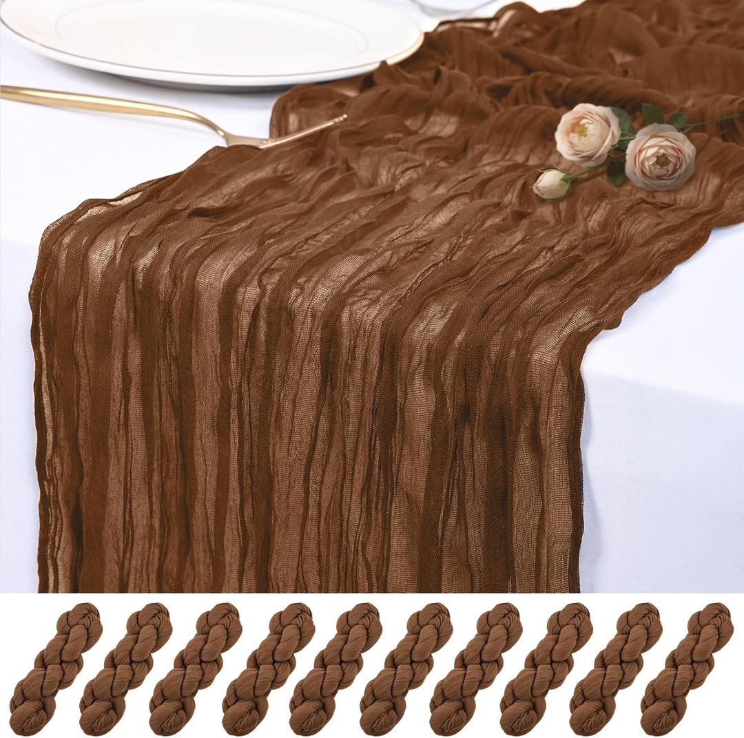 10 Pack Brown Cheesecloth Table Runner 17x108 Inch Semi Sheer Boho Rustic Gauze Cheese Cloth Table Runners for Wedding Party Birthday Baby Shower Home Dcor
