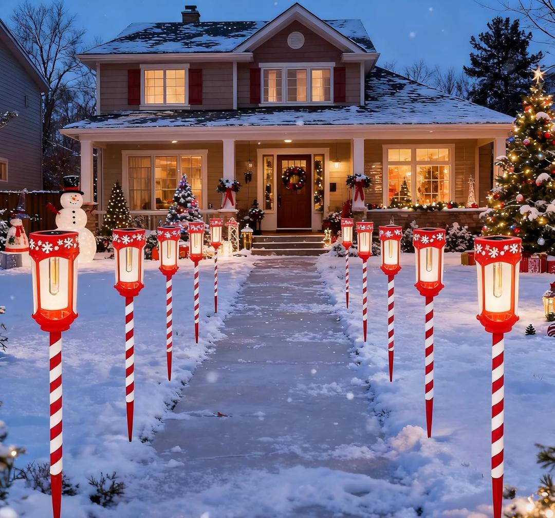 HUYIENO 8pk Solar Christmas Pathway Lights Stainless Steel Tube Glass Lens Decorative Outdoor Garden Path Lights Solar Powered Landscape Lighting for Walkway Yard Garden Lawn