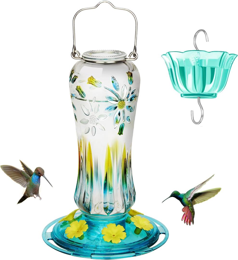 Kingsyard Glass Hummingbird Feeders for Outdoors Hanging, 25 oz Leak Proof Hummingbird Feeder with Ant Moat & 6 Bee Proof Feeding Ports, Turquoise