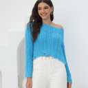 2025 Fall Cropped Sweater for Women Off The Shoulder Pullover Fluffy Knit Fashion Crop Top Holes Design (Blue)