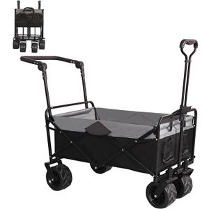 Collapsible Folding Wagon with Extra Push Pull Handle, Heavy Duty Utility Cart with Big All-Terrain Beach Wheels, Large Capacity Folding Garden Wagon for Shopping, Beach, Sports, Outdoor