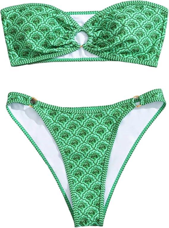 Women's Plus Size High Waist Bikini Set, High Waisted Bikini Sets Soft Tops & High-Waisted Bottoms Waist Two Piece Swimsuits Printed Swimwear Ladies Swimming Costumes L