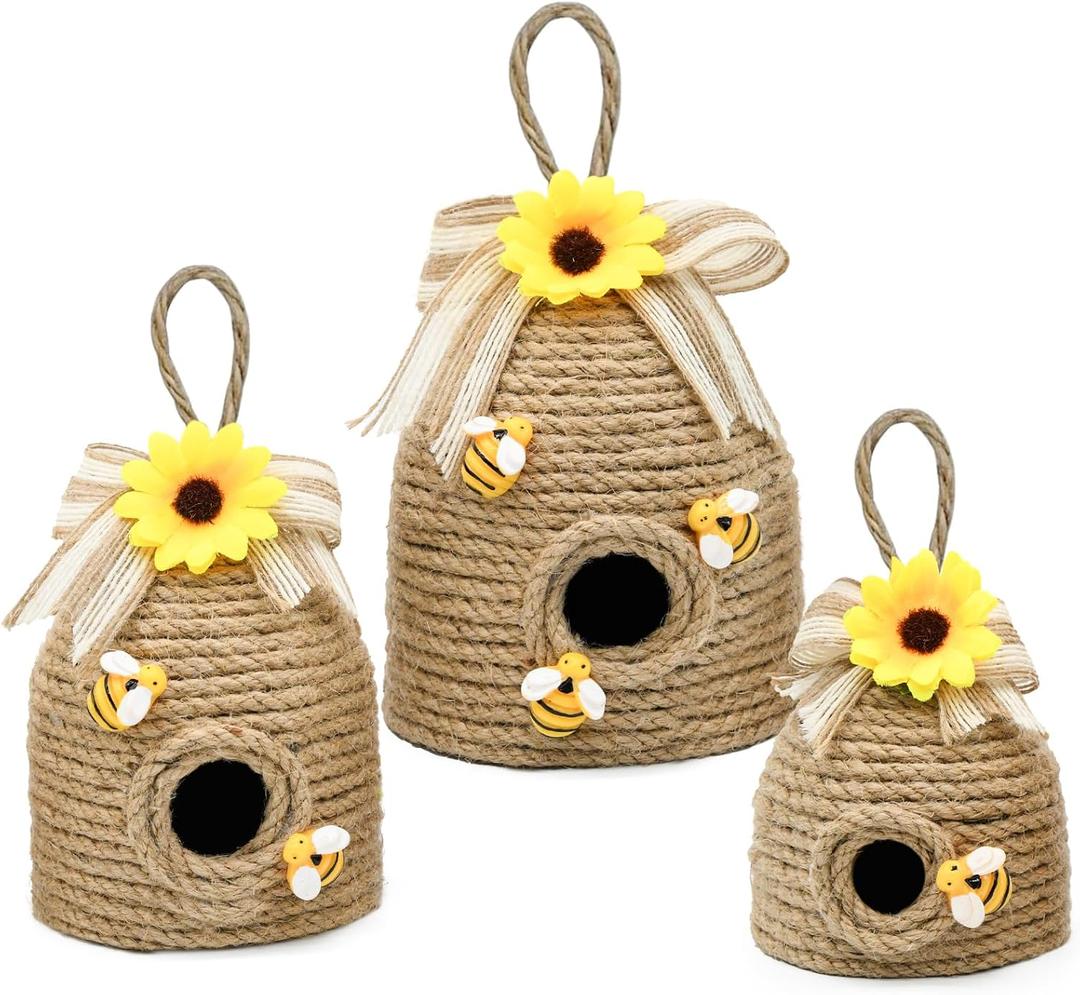 Bee Hive Decor 3 Pack Farmhouse Bee Decorations, Rustic Bee Themed Home Decor, Spring Summer Bee Home Decor for Kitchen, Living Room, and Shelves, Sunflowers Decorations