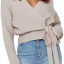 LANYO LILI Women’s Wrap Top Cropped Sweater V-Neck Long Sleeve Ribbed Knit Pullover with Side Tie, Small