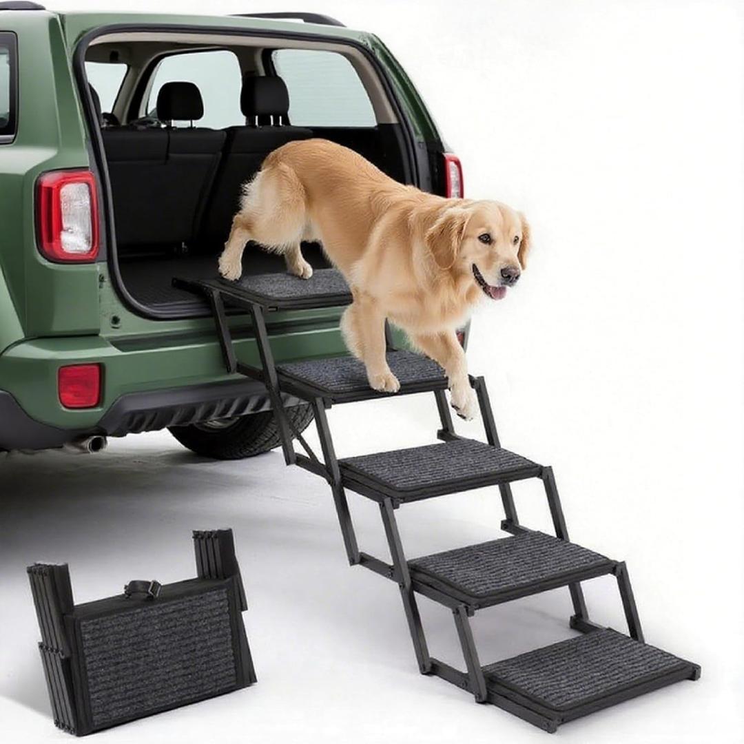Dog Steps for Car, Truck and SUV - Foldable Pet Stairs for Large Dogs with Non-Slip Rug Surface, Lightweight Dog Ramp Holds Up to 250lbs, 5 Steps