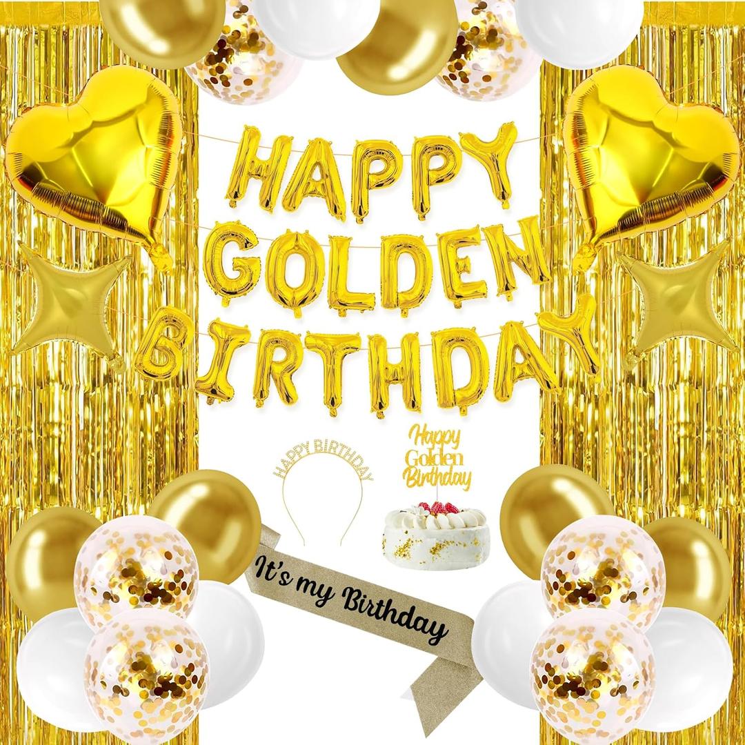 Golden Birthday Party Decorations Includes Happy Golden Birthday Banner,Foil Fringe Curtains,Latex Balloons,Cake Topper,Sash,Tiara