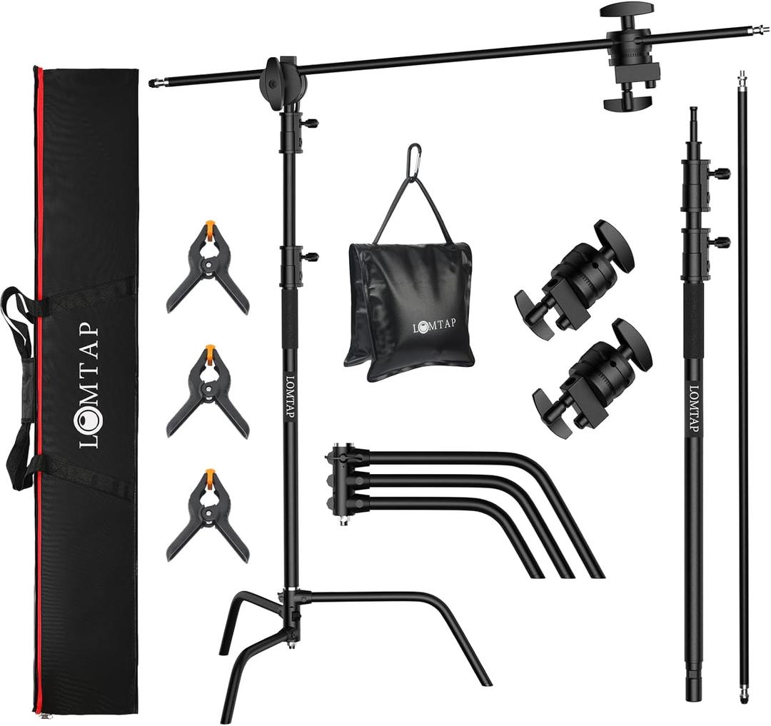 LOMTAP C Stand Light Stand Stainless Metal Photography Kit - Heavy Duty 10.8ft/330cm Vertical Pole, 4.2ft/128cm Boom Arm, Adjustable Base, Water Sandbag, 2 Grip Heads, 3 Clips for Softbox, Reflector