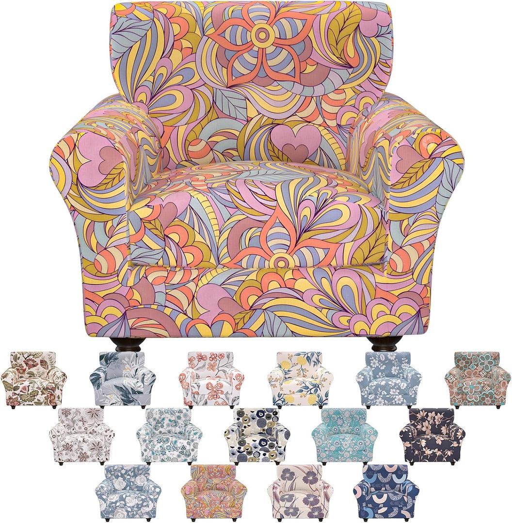 Floral Pattern Stretch Sofa Cover Printed Couch Covers 2 Piece Armchair Slipcover Set with Chair Cushion Cover, Washable Furniture Protector Elastic Living Room Sofa Covers,for Kids Pet (Small)