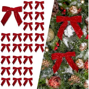 LaRibbons 24 Pcs Red Crinkled Velvet Bows for Christmas Tree, Door, Garland, Wreath, 1" Wide, 3.9"x3.9", Vintage Style