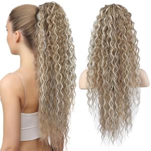 Flufymooz Ponytail Extension, 26 Inch Bohemian Style Drawstring Hair Extensions for Women, Long Curly Wavy Synthetic Hairpiece Women (26 Honey Blonde with Highlights)