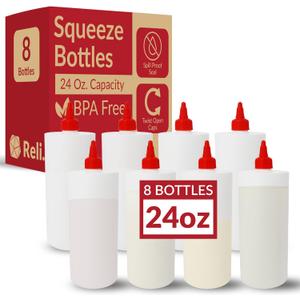 Reli. Plastic Squeeze Bottles, 24 oz. | 8 Pack | Condiment Squeeze Bottles for Sauces | White w/Red Twist Cap | Large 24 Ounce | Use for Condiments, Olive Oil, Liquids