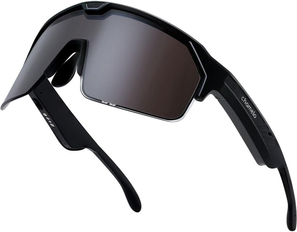 CHAMELO Music Shield Smart Audio Sunglasses Matte Black Frame, Smoke Lenses | Open-Ear Bluetooth Glasses for Men & Women with Electronic Tint Control, Sweat Proof, 100% UV Protection