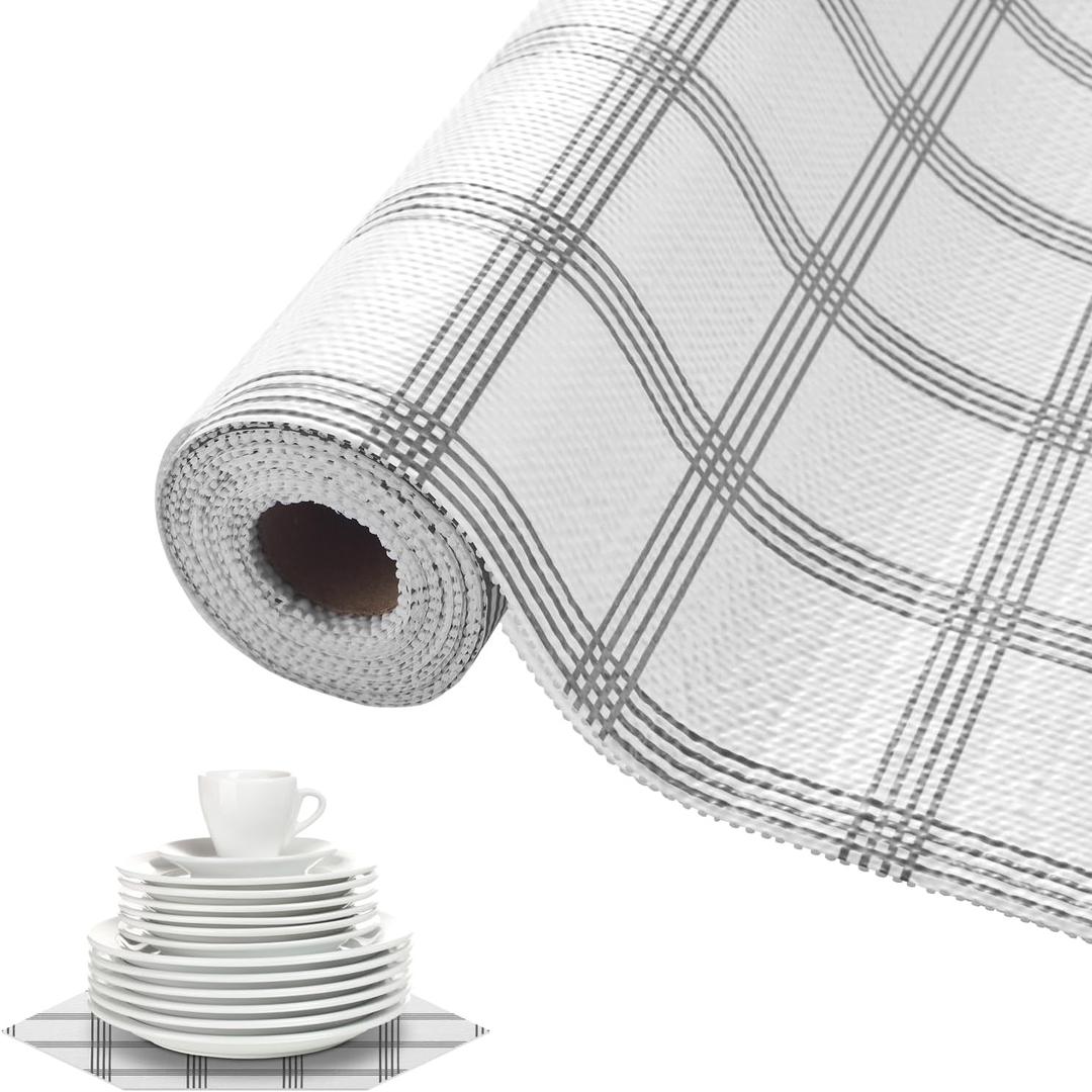 Non Slip Shelf Liner PVC Drawer Liner BPA-Free Waterproof and Washable Kitchen Cabinet Liner Suitable for Shoe Cabinets,Wire Shelving (White and Grey, 24×240inch)