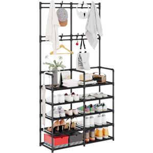 UDEAR 5-Tier Coat and Shoe Rack, Entryway Coat Rack with 8 Hooks, Double Row Shoes Organizer for Living Room, Bedroom, Office, Black